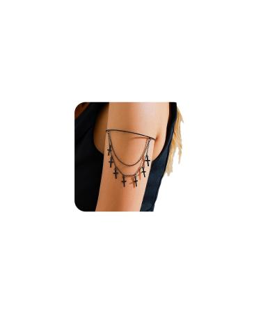 Cross Fringe Layered Open Cuff Armlet for Punk Girls Halloween Party Costume Jewelry Banquet Arm Jewelry (Black Small Cross)