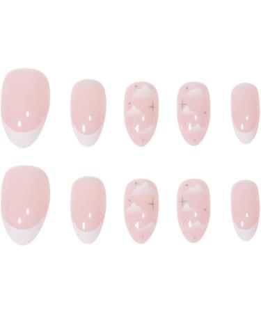 JUSTOTRY 24 Pcs Almond Short False Nails with Stars and Cloud Pattern - White French Press on Nails with Nail Glue - Oval Medium Stick on Nails for Women - Fake Nails for Nail Art - Buy Online on GoSupps.com