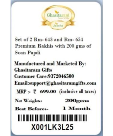 Ghasitaram Gifts Rakhi for Brother Rakhis Online - Set of 2 Rm- 643 and Rm- 654 Premium Rakhis with 200 GMS of Soan Papdi - Buy Online on GoSupps.com