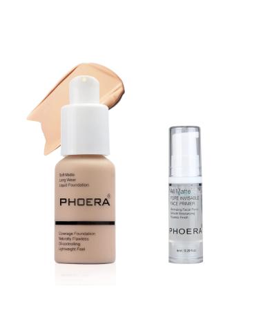 Phoera Full Coverage Foundation Soft Matte Oil Control Concealer 30ml Flawless Cream Smooth Long Lasting 24HR with 6ml Makeup Lasting Facial Moisturizing Face Primer (102 Nude & Primer)
