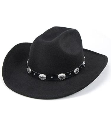 Classic Western Felt Cowboy Cowgirl Hat for Women Men Big Wide Brim Belt Buckle Panama Fedora (Size:7 1/8) Black With Cowboy Belt