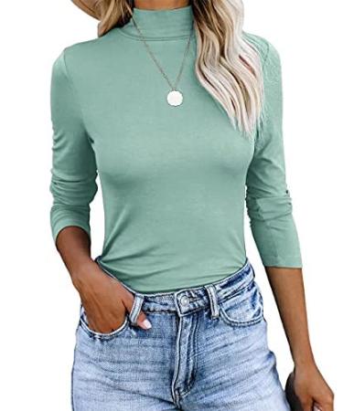 REVETRO Women Casual Long Sleeve Shirts Mock Turtleneck Tops Slim Fit Basic Lightweight Plain T-Shirts Tee-blue Green Medium
