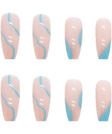 Justotry 24 Pcs Pale Blue Swirl Almond False Nails - Pink Acrylic Press on Stick on Nails for Women | Fake Nails with Glue for Nails Art French Design - Buy Online on GoSupps.com