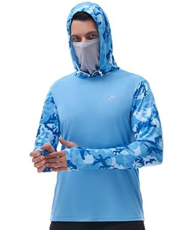 FISHEAL Men's Performance Fishing Hoodie Shirt - UPF 50+ Camo Long Sleeve Thumbholes Shirts with Mesh Face Mask Sparkling Blue Camo Large
