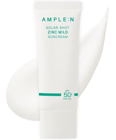 AMPLEN Solar Shot Zinc Mild Sun SPF50+ PA++++ - Zinc Oxide Mineral Sunscreen Reflects UVA & UVB Rays - No White Cast - Soothing & Moisturizing - Mild Family Use Sunblock Moisturizer  1.35 fl.oz.