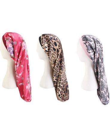 Large Satin Bonnet 6PCS Sleep Caps Soft Elastic Wide Band Satin Sleeping Cap & Hat Head Cover for Women D-long Printed