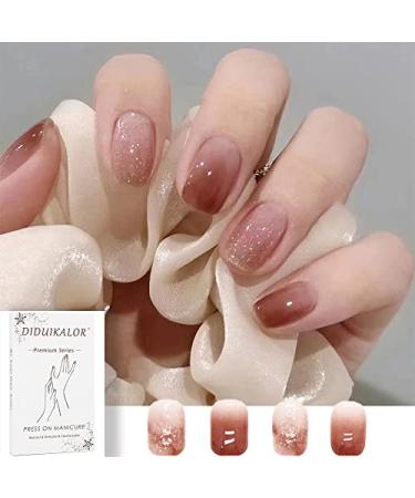 Short Square Press on Nails Glue on Nails Red Brown Gradient Fake Nails Acrylic Glossy Full Cover False Nails for Women R578