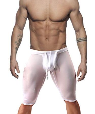 MIZOK Men's Fitness Mesh Shorts Yoga Capris See Through Jammer Swimsuit Beachwear Small White