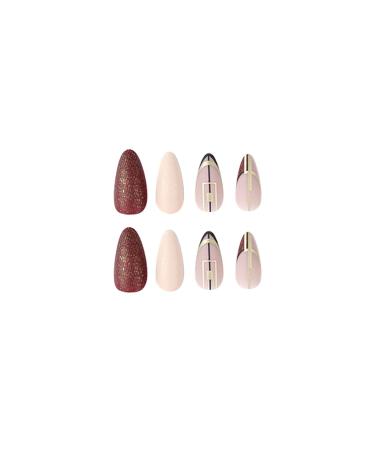 24 Pcs Almond Dark Red Press on Nails | Shiny Powder Frosted Black Line Design | Medium Length Fake Nails for Women - Buy Online on GoSupps.com