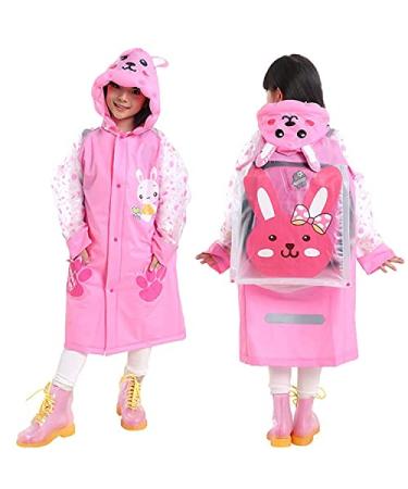 QTECLOR Kids Raincoat Jacket Girl Boy Age 6-13 Year Cartoon Rain Poncho with School Bag Cover Outdoor Camp Cycle