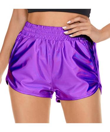 PESION Women's Metallic Shiny Shorts Sparkly Rave Hot Short Pants Small Metallic Purple