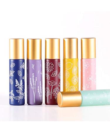 6 Pcs 10ml Glass Roll On Bottles - Stainless Steel Roller Balls - Golden Aluminum Lid - Printed Flower Design - Travel Size Container - Buy Online on GoSupps.com