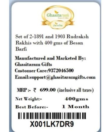 Ghasitaram Gifts Rakhi for Brother Rakhis Online - Set of 2-1891 and 1903 Rudraksh Rakhis with 400 GMS of Besan Barfi - Buy Online on GoSupps.com