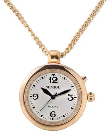 SHMIOU English Talking Watch for Women Pendant Round Bezel Golden for Senior Blind Visually Impaired Analog Voice with Alarm Date Output