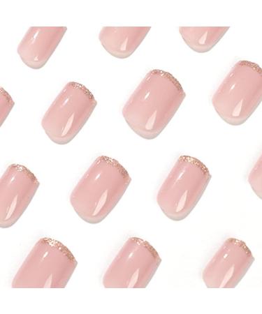 French Tip Press on Nails - Short Round Press On Nails with Nail Tips Golden Glitter edged Nake color Fake Nails press on nails Acrylic False Nails Cute Artificial Nails - Buy Online on GoSupps.com