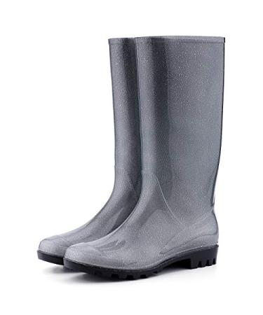 K KomForme Womens Knee High Waterproof Rain Boots Glitter, Matte and Gradient 10 Glitter Black