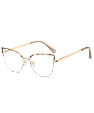 Kachawoo anti-blue light glasses for women men half marginal cat eye glasses metal frame prescription glasses ... gold leopard frame