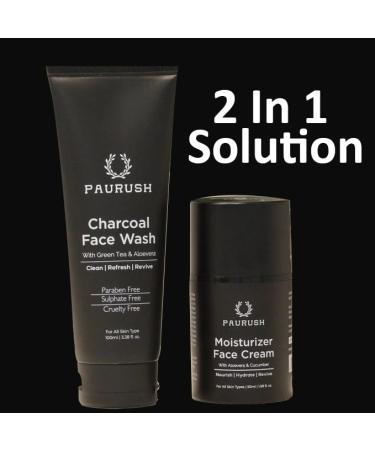 PAURUSH Men's Skincare Set Charcoal Face Wash with Green Tea and Aloe Vera 100ml Moisturizer Face Cream with Aloe Vera 50ml Paraben Free - Buy Online on GoSupps.com