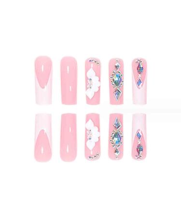 Foccna Extra Long White Press-On Nails | French Square Fake Nails with Crystal Flowers | 24PCS Acrylic Full Cover Nail Tips for Women & Girls - Buy Online on GoSupps.com