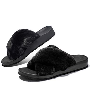 Womens Plantar Fasciitis Slippers with Cross Open Toe Fuzzy Fluffy-Best Orthopedic House Slippers Sandals for Arch Support Foot Pain Heel Pain Indoor/Outdoor 8 Black