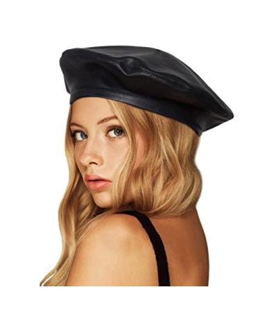Wheebo PU Leather Berets for Women French Beret Hats Artist Painter Hat Classic Solid Style Black