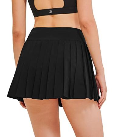 Stelle Women's High Waisted Pleated Tennis Skirts Golf Skorts with Inner Shorts for Athletic Running Workout Pickleball Black(pleated Woven) Large