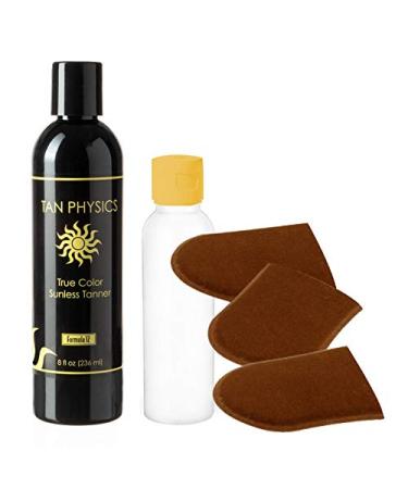 Tan Physics True Color Tanner 8 oz w/Face and Fine Detail Tanning Mitts and Empty 3oz. Travel Bottle by Sans-Sun