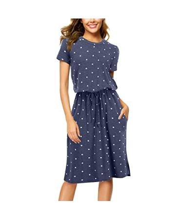 Women's Summer Blouson Dresses with Pockets Work Casual Short Sleeve Split Hem Sundresses Hide Belly T Shirt Dress A05_navy XX-Large