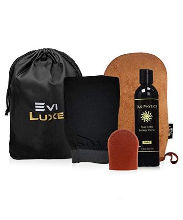 Tan Physics & EviLuxe Deluxe Tanning Mitt Bundle (5pcs)   Face & Body Tanner Mitts  Exfoliation Glove  Storage Bag & 8oz True Color Sunless Tanning Lotion   For Flawless Sun Kissed Skin All Year Long