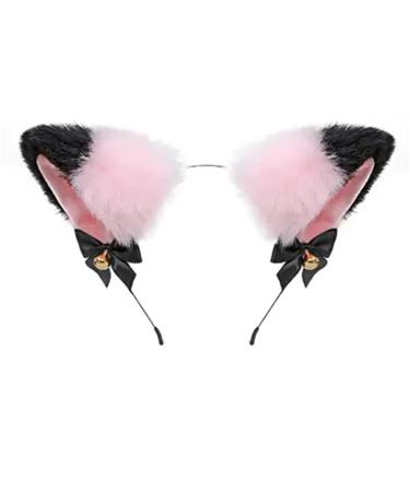 Cat Ears Bell Headband Folding Ear Powder Plus Black Gold Bell Bow Headband Fox Ear Accessories Cute Plush Headgear for Halloween Cosplay Costume Party Dress Girls