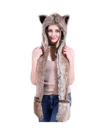 HomDSim Anime Spirit Animal Hood Hoods Furry Hoodie,Faux Fur Hat with Warm Scarf Mittens Gloves Spirit Ears and Paws Brown+red One Size