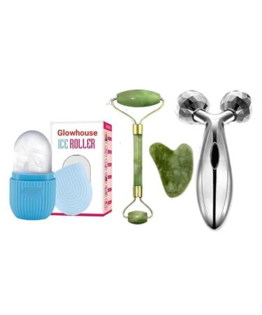 Ice Roller Face Stone Roller Massager with Gua Sha Jade Roller Stone and 3D Massager Roller Set Facial Combo for Skin Eye Body Ice Cube Roller Women Men Reusable
