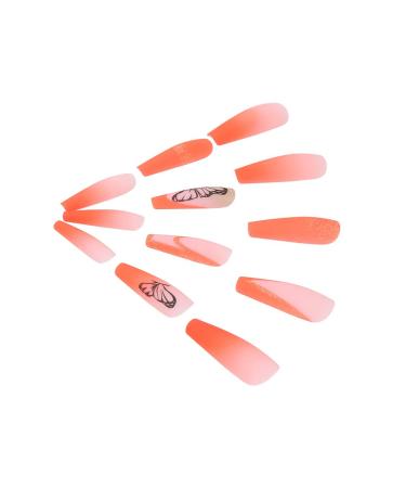 Brishow Orange Artificial Press On Nails with Gold Glitter Butterfly - 24 Ballerina Acrylic False Nails for Women & Girls - Buy Online on GoSupps.com