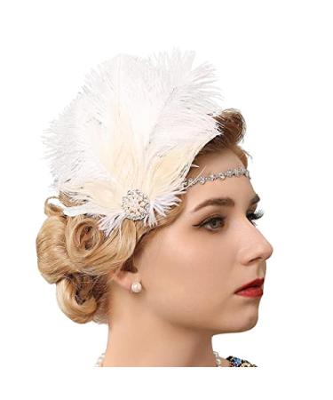 GENBREE 1920s Flapper Headband White Gatsby Feather Headpiece Rhinestone Prom Party Hair Accessories for Women and Girls