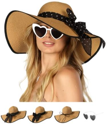 Funcredible Wide Brim Sun Hats for Women - Floppy Straw Hat with Heart Shape Glasses Multi-khaki