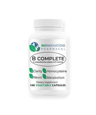 Bio-Innovations Pharmacal B Complete with Folate All Vitamins B1 B2 B3 B5 B6 B7 B9 B12 and Choline Bitartrate for Energy Brain Clarity Neuro Metabolism Vegan 100 Capsules Count (Pack of 1)