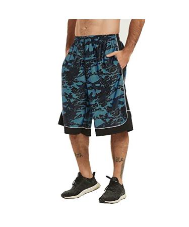 HQUEC Men's 12" Long Basketball Shorts Athletic Gym Quick Dry Shorts Loose-Fit with Pockets Brightblue/C1 X-Large