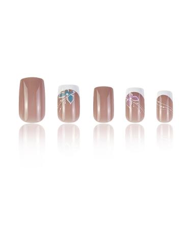 French Tip Press on Nails - Pink Medium Length Glue on Nails with Butterfly Design | Glossy Square Acrylic Fake Nails - Buy Online on GoSupps.com