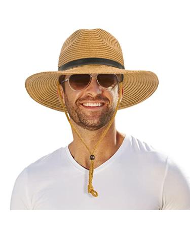 Men Wide Brim Straw Hat,Man Summer Beach Sun Hat UPF50+, Sun - Protected Straw Hats for Men One Size Khaki