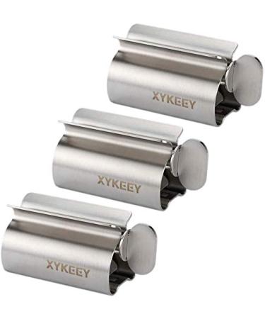 Toothpaste Tube Squeezer - Set of 3 Toothpaste Squeezer Rollers, Metal Toothpaste Tube Wringer Seat Holder Stand XYKEEY (Sliver)