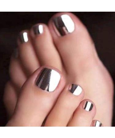 Silver Chrome Press on Toes Nails Short Fake Toenails Square Shaped Glue on Toenails with Electroplated Silver Designs Short False Nails Glossy Acrylic Toe Nails Black Tip Stick on Toenails for Women