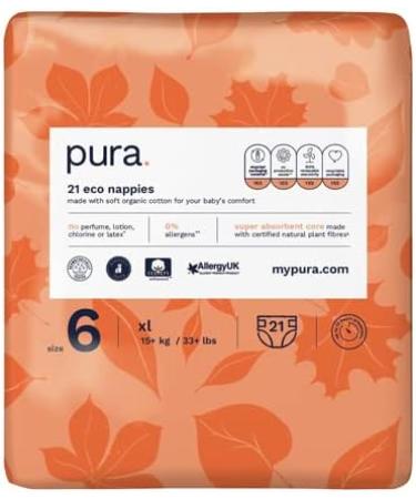Pura Eco-Diapers Size 6 (XL 15+ kg) - 105 Organic Cotton Diapers EU Ecolabel Certified Monthly Box for Sensitive Skin 12-Hour Odorless Protection - Buy Online on GoSupps.com