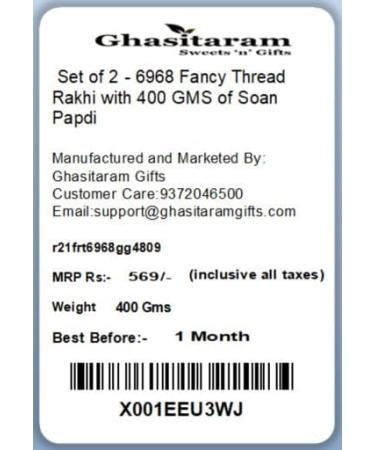Ghasitaram Gifts Rakhi for Brother Rakhis Online - Set of 2-6968 Fancy Thread Rakhi with 400 GMS of Soan Papdi - Buy Online on GoSupps.com