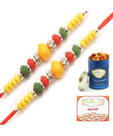Ghasitaram Gifts Rakhis Online for Brother- Set of 2-6272 Rakhi Thread with 100 GMS of Dryfruits Mix Can 200 GMS of Kaju katli 2 Rakhi & 100g Dryfruits Mix Can 200g Kaju katli