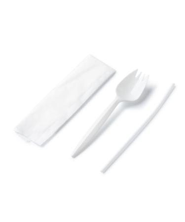 Faithful Supply 250/case Plastic Sporks Sets with Straw and Napkin - Wrapped Disposable Sporks with Napkin Straw and Spork - The perfect spork set for kids box lunches (250)