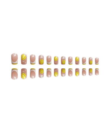 24Pcs Medium Square French Tip Yellow Flower Star Press on Nails | Acrylic False Nails for Women - Glossy Full Cover Design - Buy Online on GoSupps.com