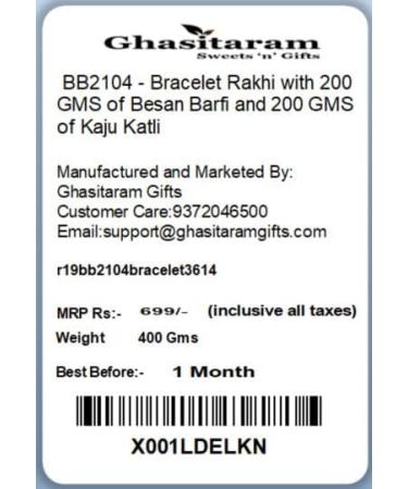 Ghasitaram Gifts Rakhi for Brother Rakhis Online - BB2104 - Bracelet Rakhi with 200 GMS of Besan Barfi and 200 GMS of Kaju Katli Rakhi Set with 200 gms of Besan Barfi & Kaju Katli - Buy Online on GoSupps.com