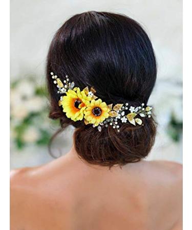 Aukmla Bride Wedding Hair Vine Sunflower Hair Accessories Crystal Hair Piece Decorative for Women and Girls (Gold)