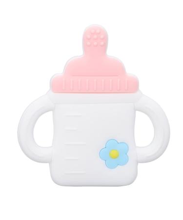 Baby Teether Cartoon Bottle Shape One Piece Soft Flexible Baby Silicone Teether Baby Teething Chew Toy (Pink)