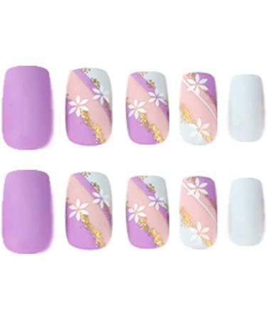 24pcs Square False Nails Blue Purple Daisy Flower Glitter Gold Press on Nails - Women Girls Nail Art Accessory - Buy Online on GoSupps.com